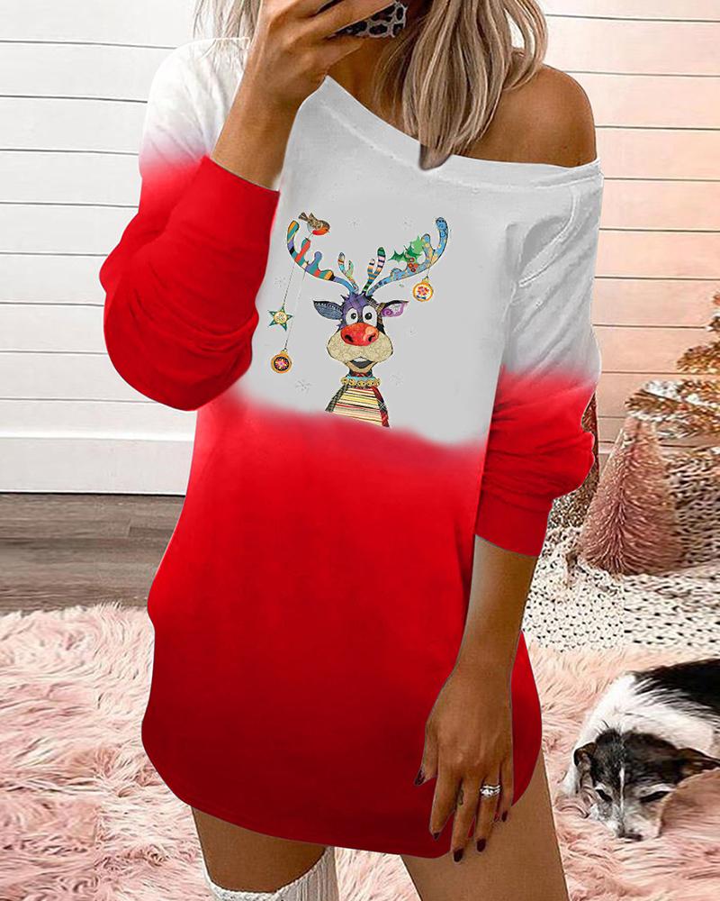 

Christmas Elk Print Colorblock Long Sleeve Top, Red