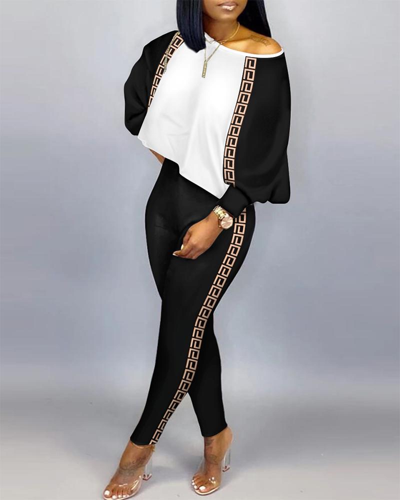 

Colorblock Geometric Print Long Sleeve Top & Pants Set, Blackwhite