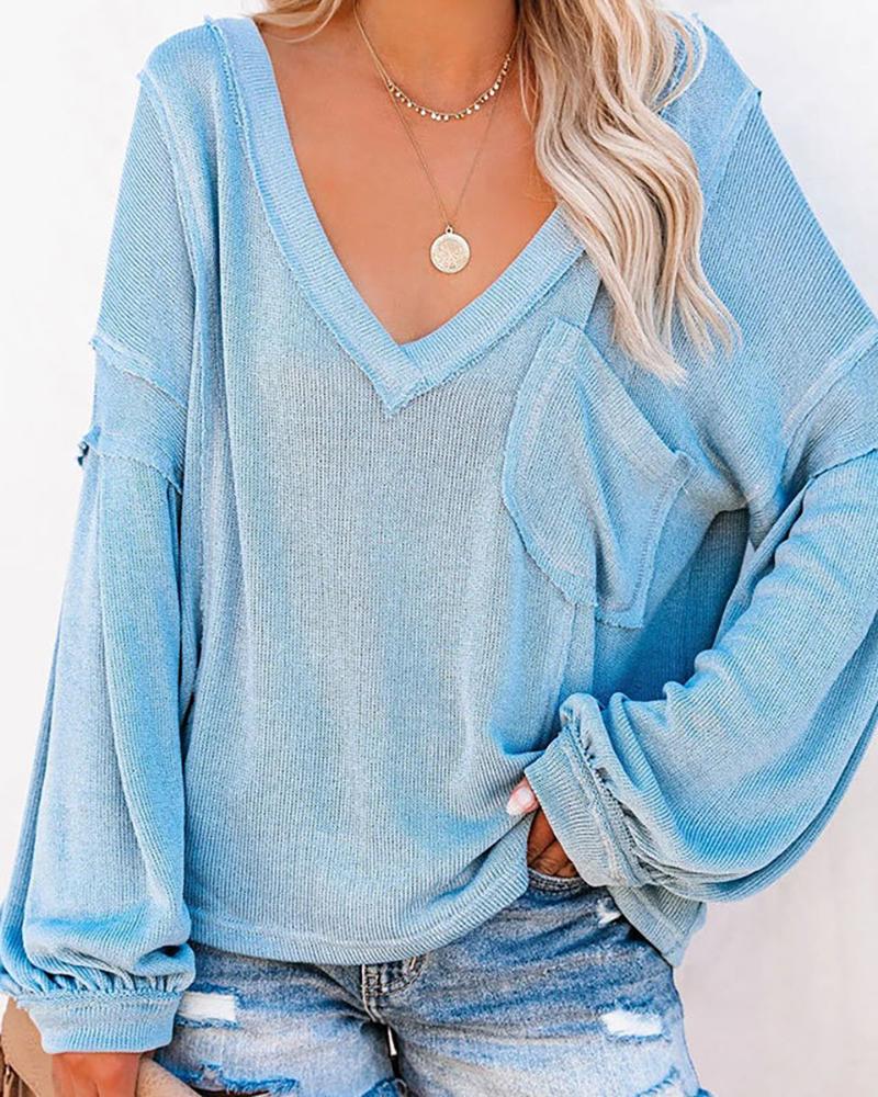 

Lantern Sleeve Pocket Design V Neck Sweater, Blue