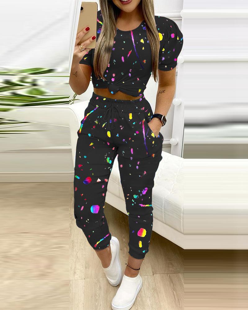 

Allover Print Puff Sleeve Crop Top & Pocket Design Drawstring Pants Set, Black