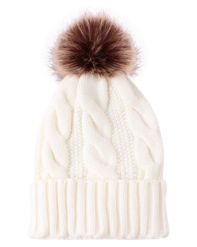 

1pc Pom Pom Decor Cable Knit Warm Fleece Lined Beanie, White
