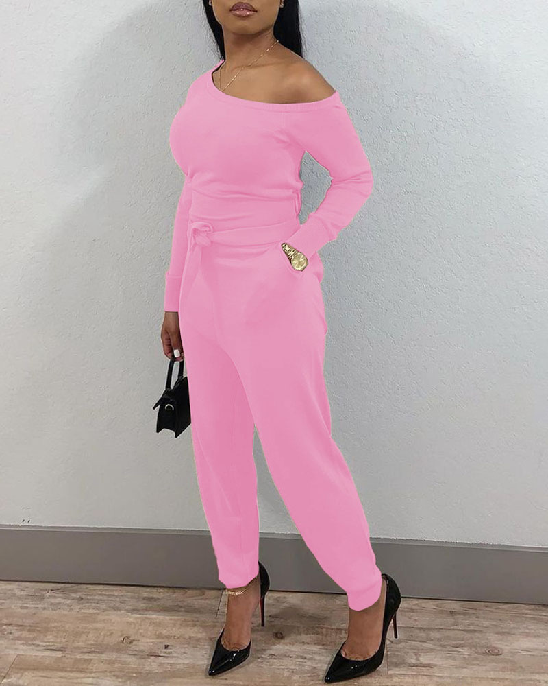 

Long Sleeve Pocket Detail Belted Jumpsuit, Pink