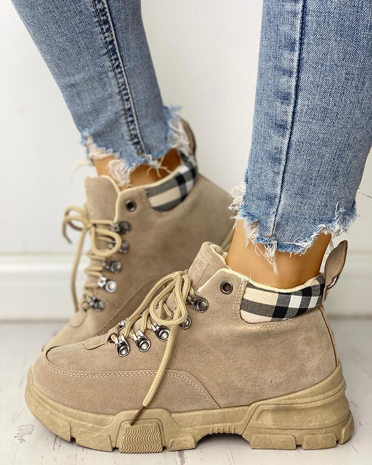 

Plaid Splicing Lace-Up Martin Ankle Boots, Khaki