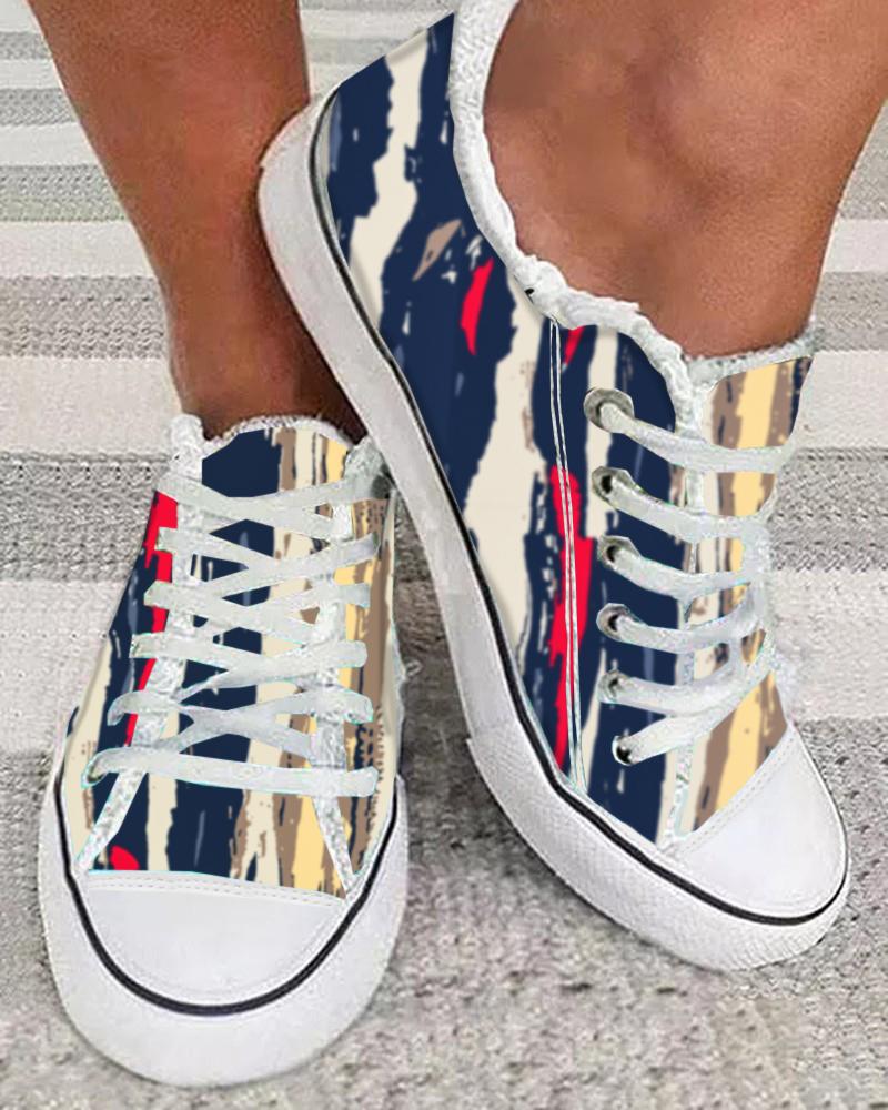 

Tie Dye Print Striped Raw Hem Canvas Sneakers, Multicolor
