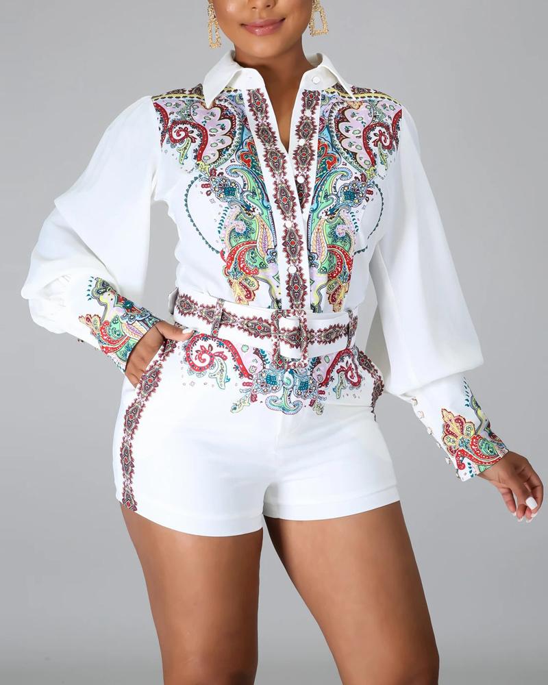 

Tribal Print Long Sleeve Button Down Shirt & Shorts Set, White