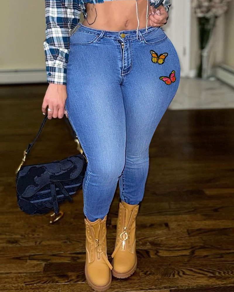

Butterfly Patch Zipper Fly Skinny Jeans, Blue
