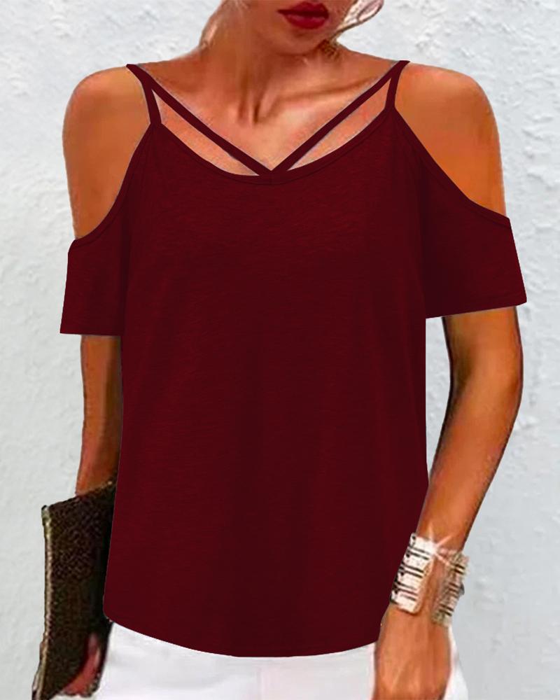 

Plain Cold Shoulder Casual Top, Wine red