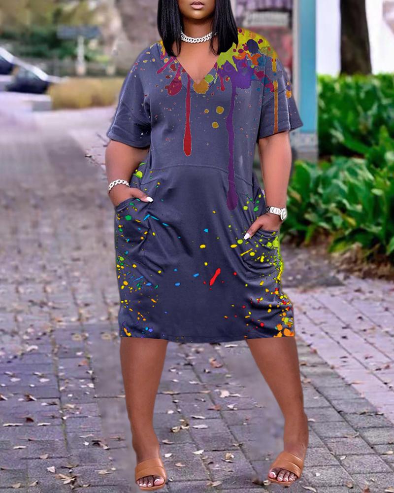 

Plus Size Ink Splash Print Short Sleeve Pocket Design Casual Dress, Dark blue