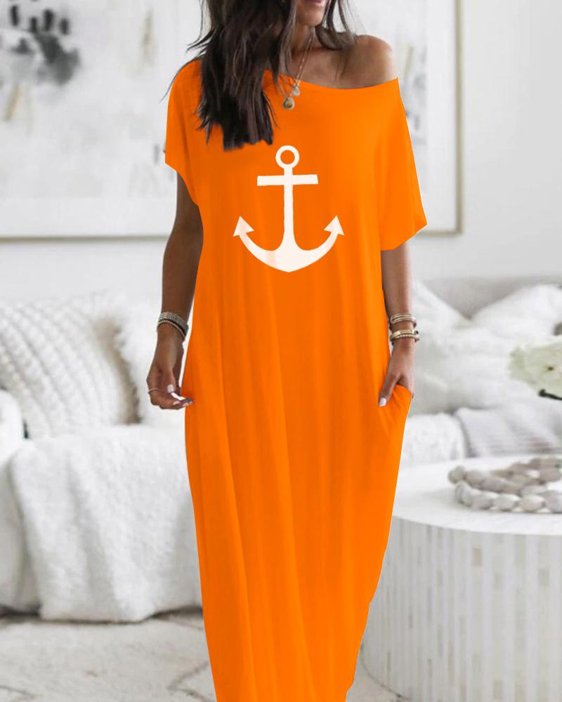 

Vestido largo holgado informal con diseño de bolsillos, manga corta, hombros descubiertos y estampado de ancla, Orange