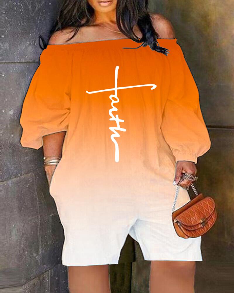 

Plus Size Faith Print Ombre Off Shoulder Romper, Orange