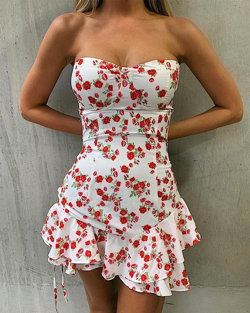 

Floral Print Ruffle Hem Mini Dress, White