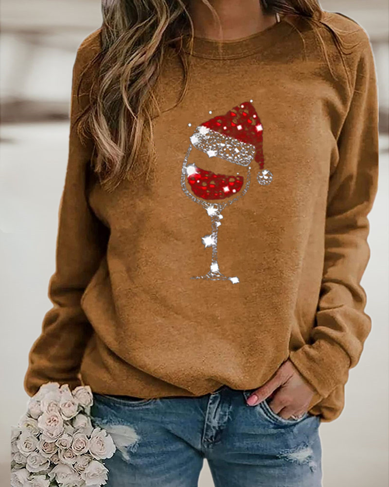 

Christmas Wine Glasses Hat Print Long Sleeve Sweatshirt, Khaki
