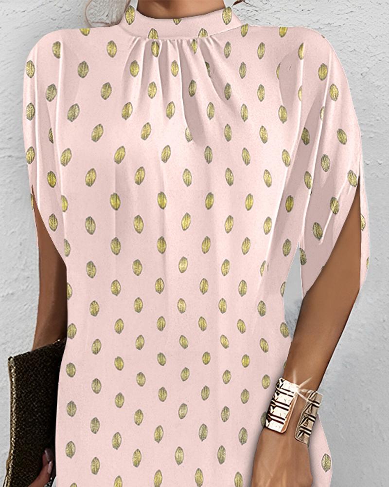 

Bronze Leaf Print Mock Neck Casual Dress, Pink