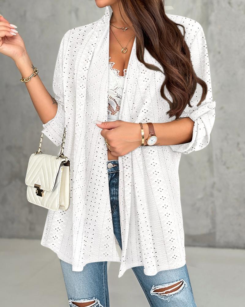 

Cardigan casual com frente aberta e manga enrolada, bordado em jacquard e vazado, White