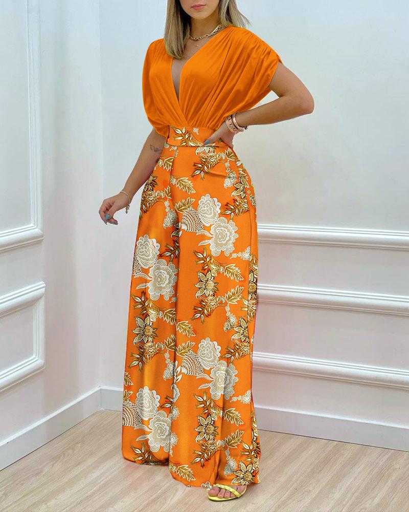 

Batwing Sleeve Wrap Top & Floral Print Wide Leg Pants Set, Orange