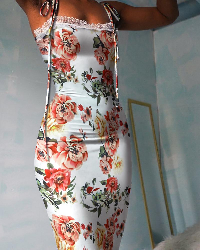 

Tied Detail Lace Trim Floral Print Dress, Multicolor