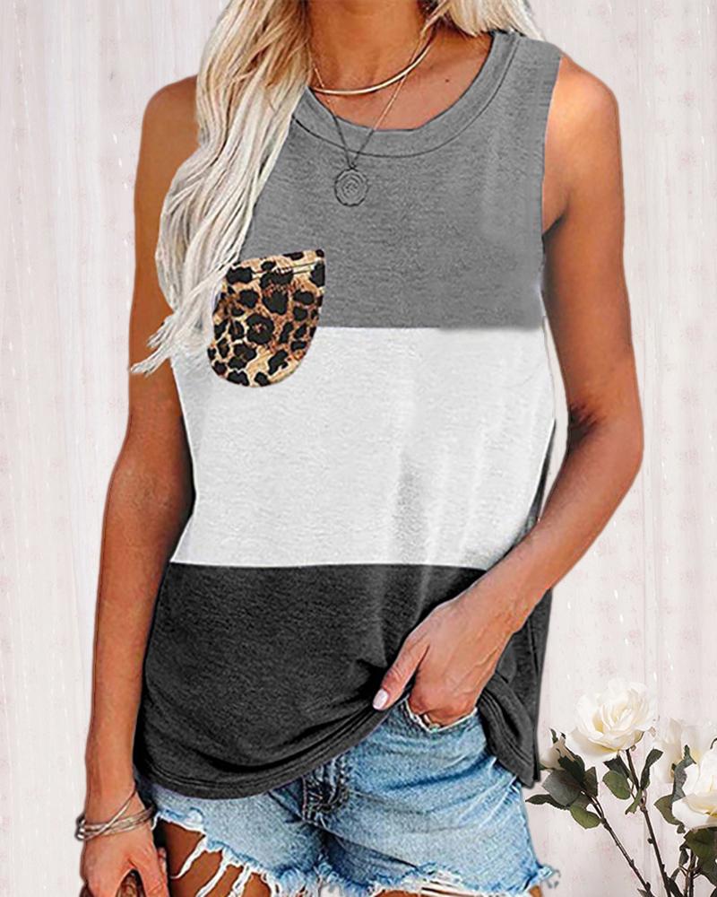 

Leopard Print Colorblock Pocket Design Tank, Black