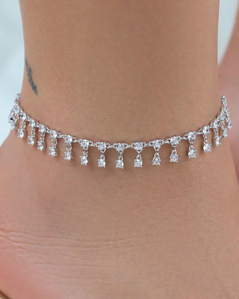 

1pc Bohemian Minimalist Rhinestone Tassel Anklet, Silver