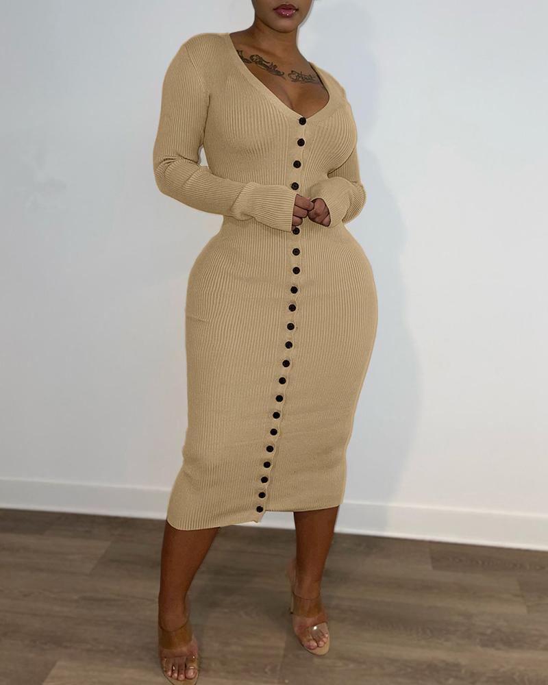 

V-neck Button Design Long Sleeve Casual Dress, Khaki