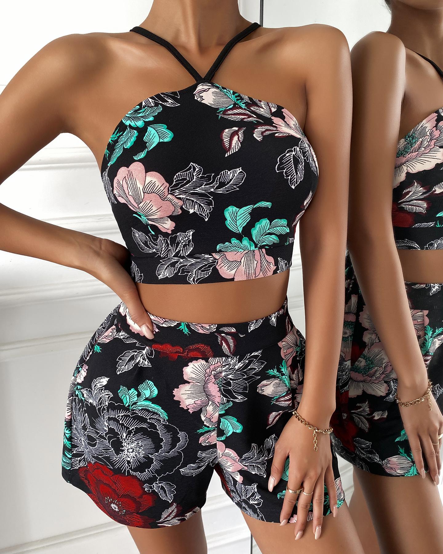

Floral Print Bowknot Backless Crop Top & Shorts Set, Multicolor