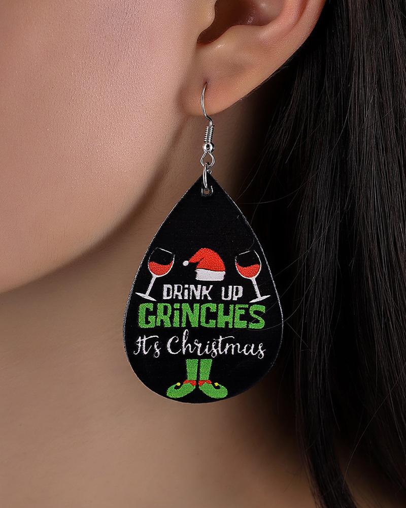 

Christmas PU Leather Letter Graphic Print Drop Earrings, Black
