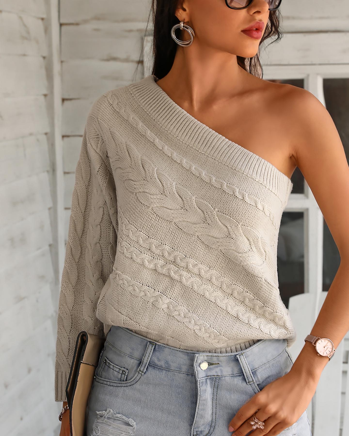 

One Shoulder Knit Long Sleeve Sweater, Apricot