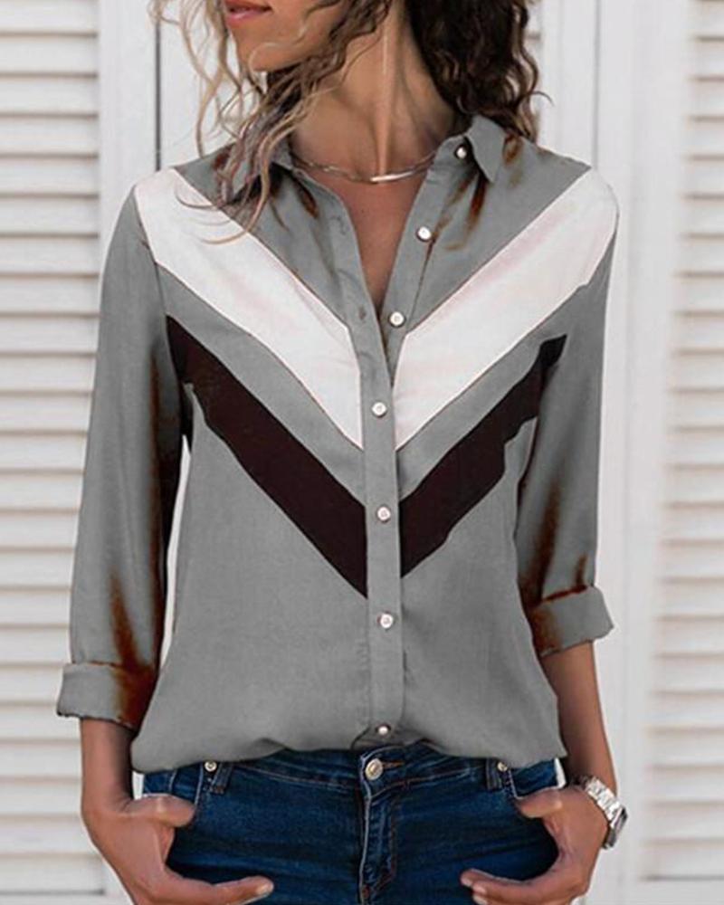 

Contrast Color Button-Up Long Sleeve Shirt, Gray