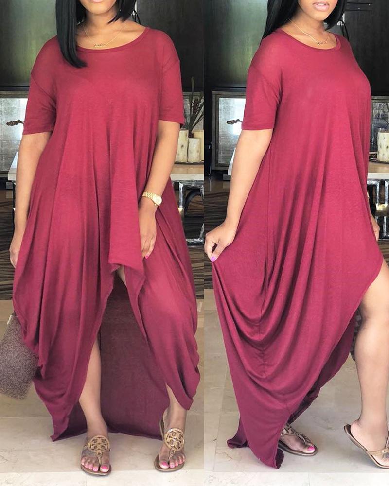 

Short Sleeve Ruched Asymmetrical Maxi Dress, Wine red