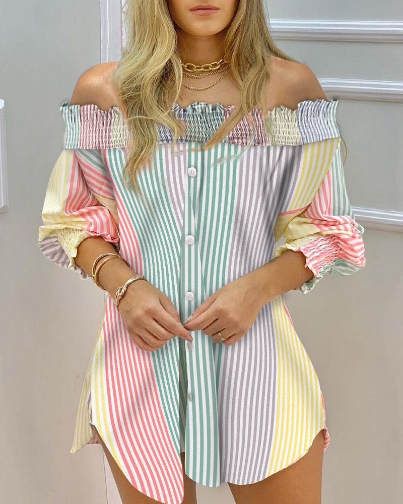 

Off Shoulder Color Striped Button Front Smoking Blouse Dress, Multicolor