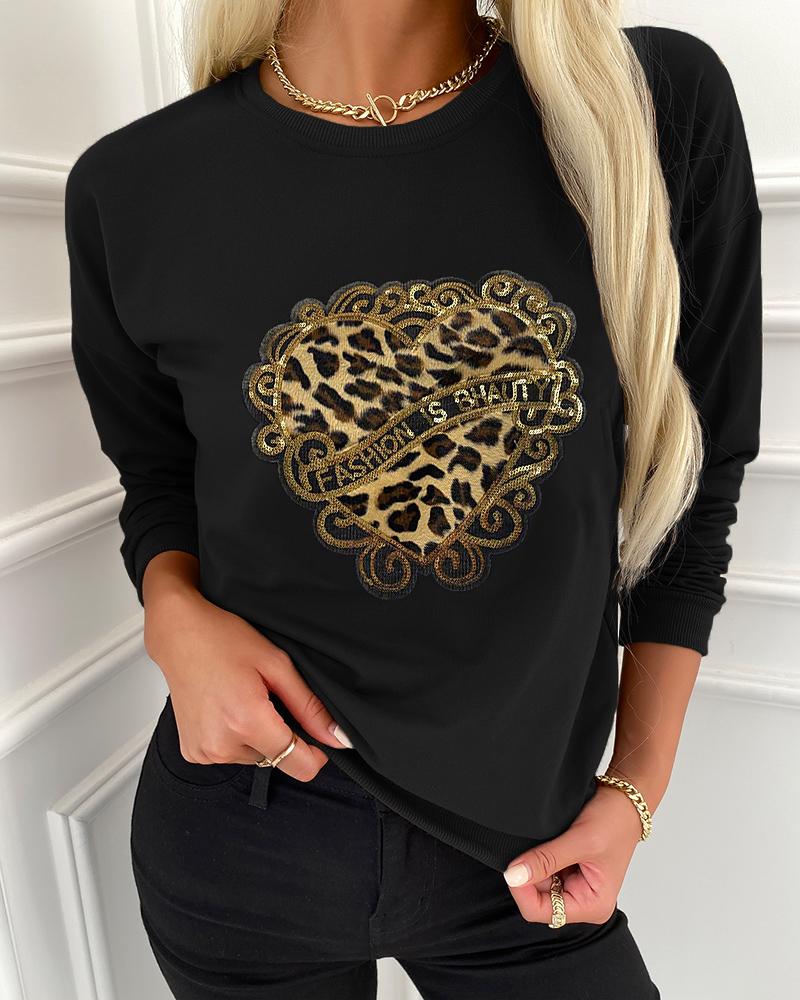 

Solid Color Splicing Cheetah Print Long Sleeve Blouse, Black