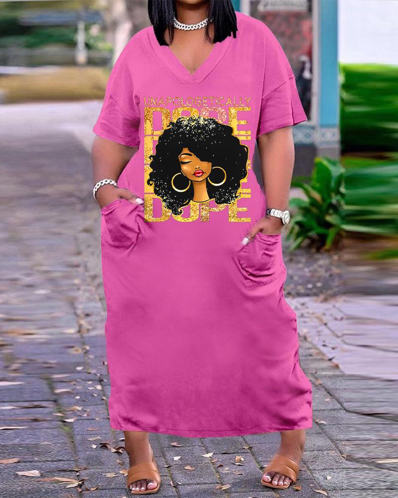 

Plus Size Figure Letter Print Pocket Design Casual Dress, Pink