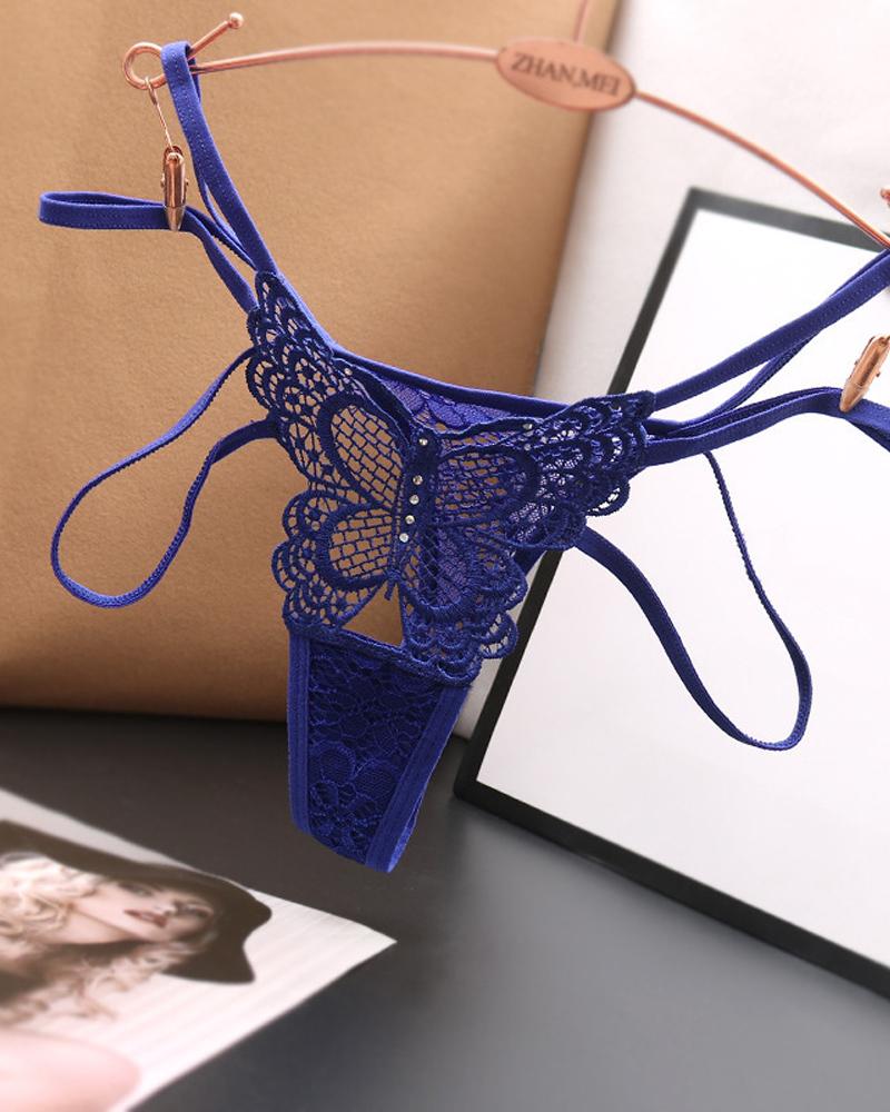 

Solid Color Splicing Lace Sexy Bownot Hollow-out Thongs, Blue