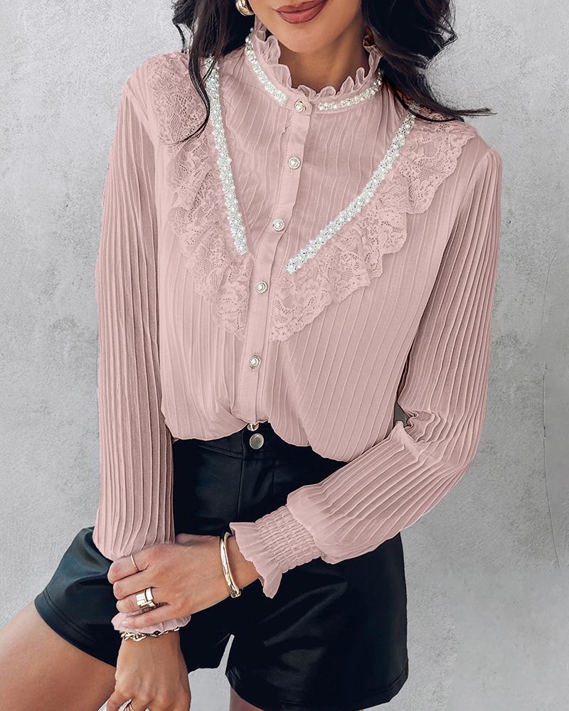 

Stand Collar Lantern Sleeve Beaded Lace Frill Hem Ruched Blouse Elegant Top, Pink