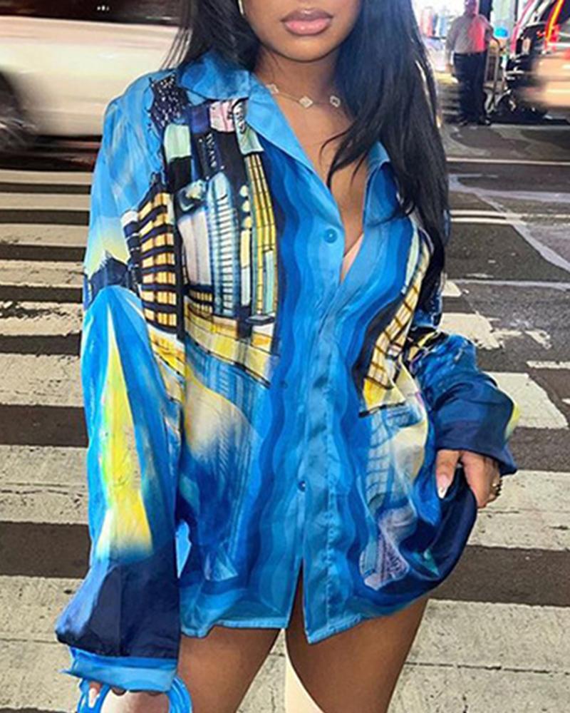 

Graphic Print Buttoned Long Sleeve Shirt, Blue