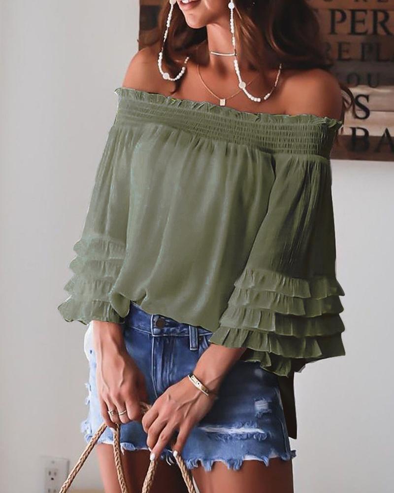 

Solid Off Shoulder Shirred Frill Trim Layered Bell Sleeve Top, Green