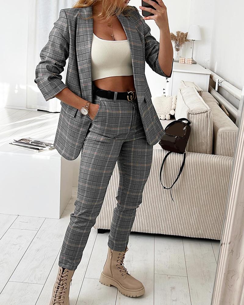 

Plaid Print Pocket Design Blazer Sets Without Belt, Gray