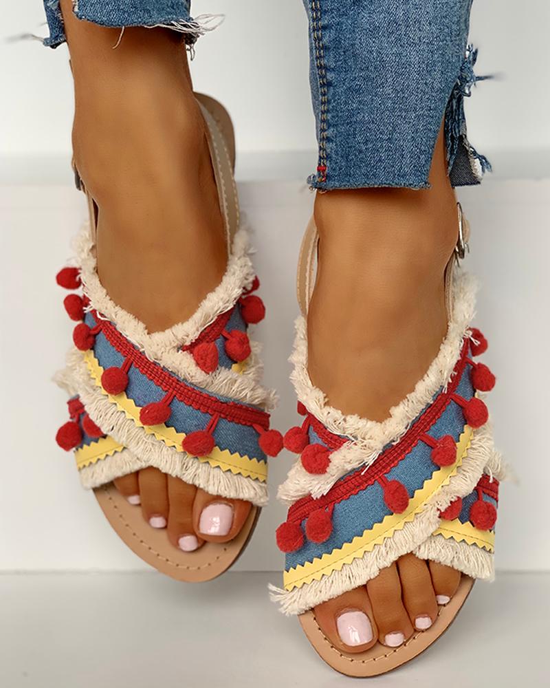 

Pom Pom Tassel Detail Sandals, Red