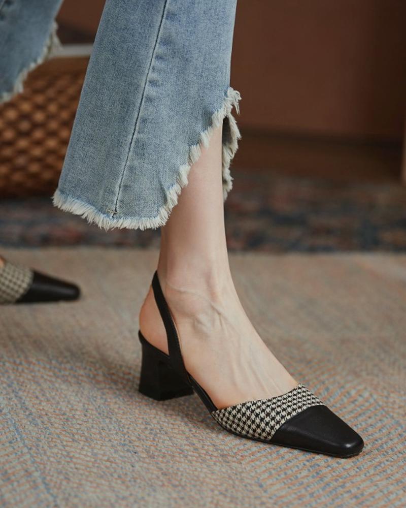 

Square-toe Color Block Splicing Houndstooth Print Hollow-out High Heels, Black