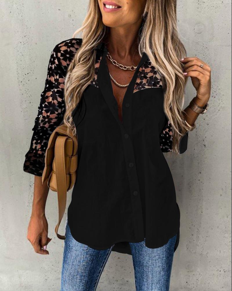 

Contrast Lace Long Sleeve Button Down Shirt, Black