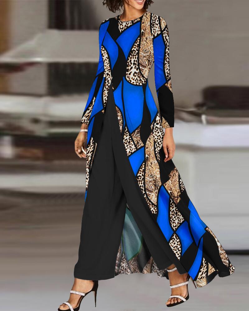 

Baroque Leopard Print Patchwork Asymmetrical Jumpsuit, Blue