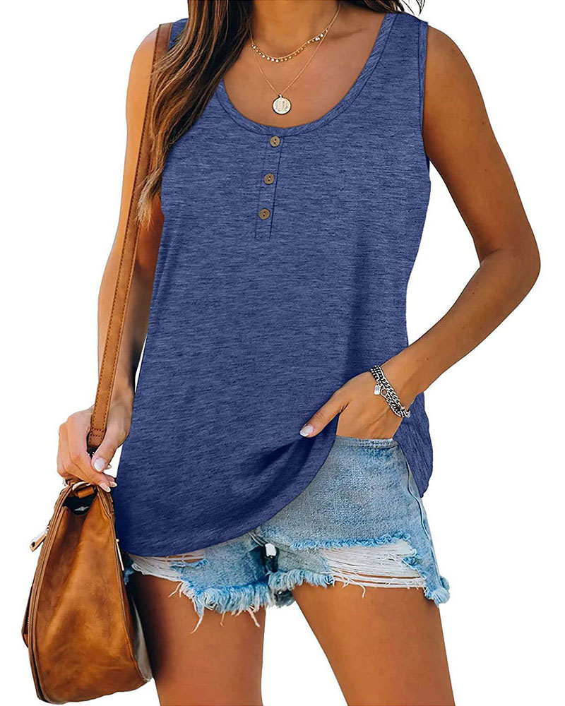 

Button Decor U-Neck Casual Tank Top, Blue