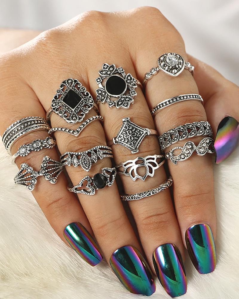 

15PCS Floral Design Studded Rings Set, Black