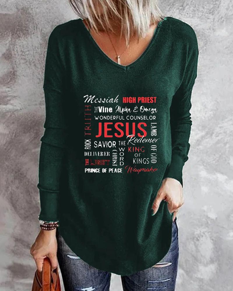 

V-Neck Letter Print Long Sleeve Top, Green