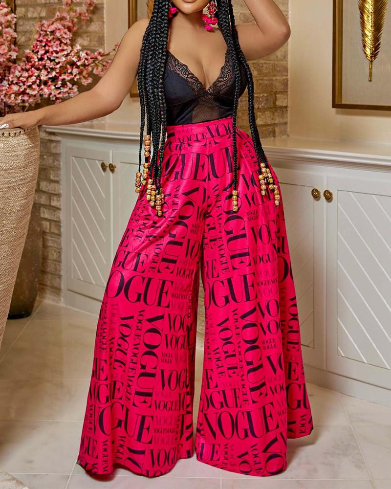 

Letter Print High Waist Wide Leg Pants, Red