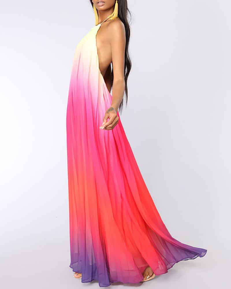 

Halter Gradient Color Ruched Maxi Dress, Pink