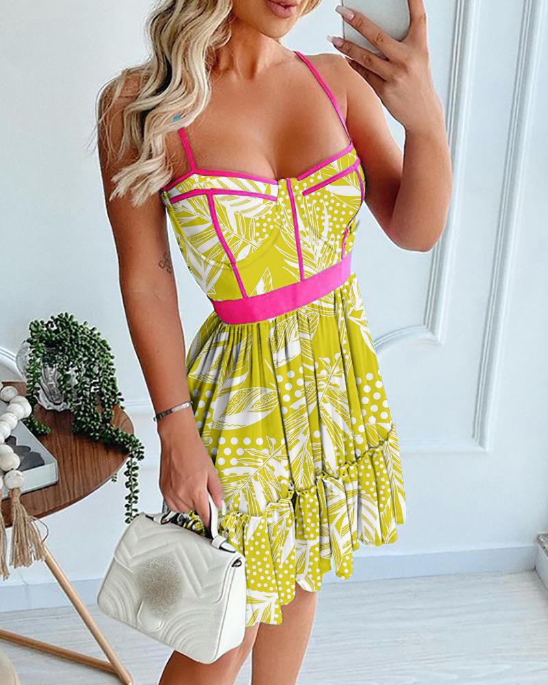 

Contrast Binding Tropical Polkadot Print Frill Hem Dress, Green