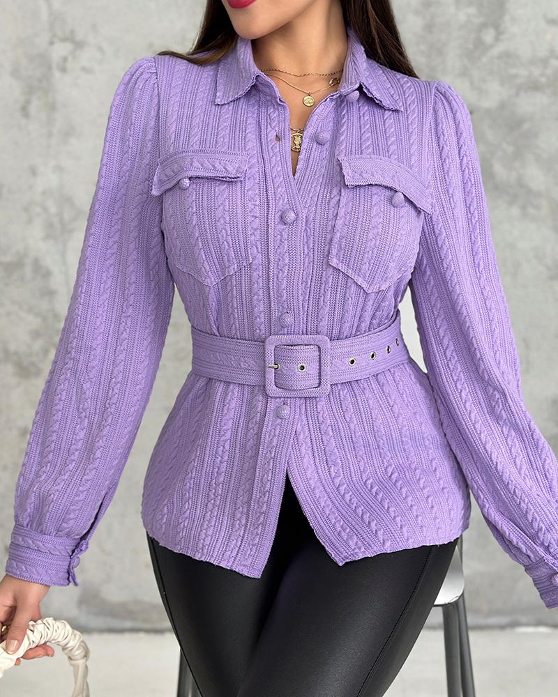 

Textured Buttoned Flap Detail Puff Sleeve Top With Waistbelt, Purple