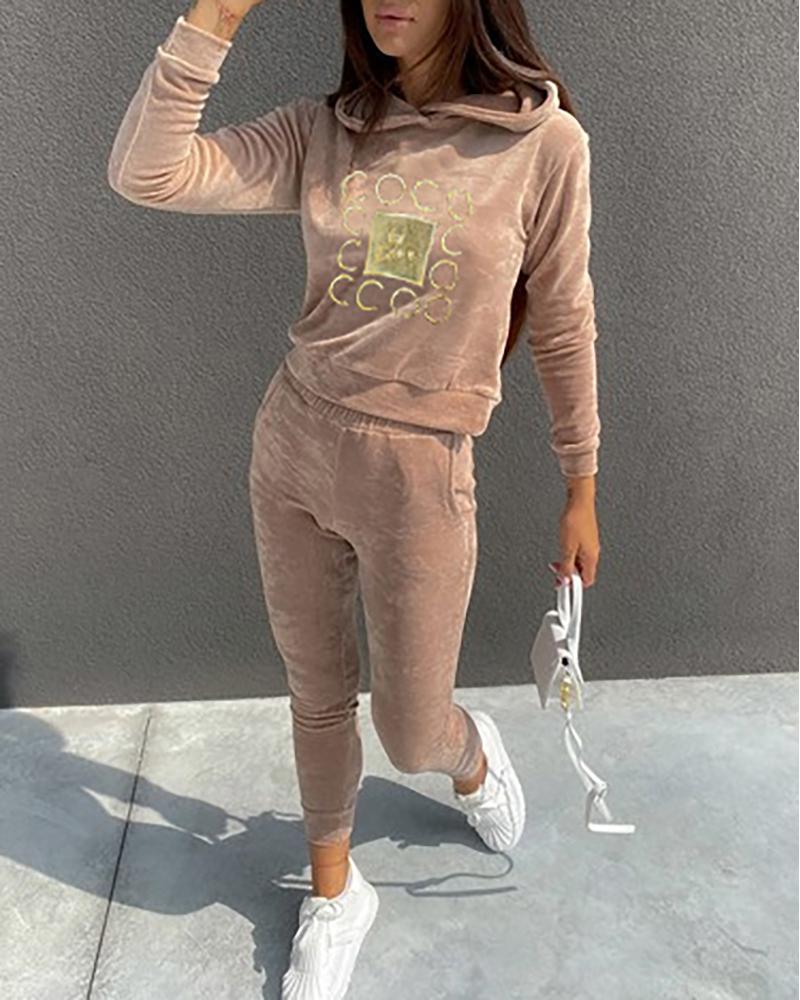 

Velvet Letter Embroidery Hoodie & Pants Set, Coffee
