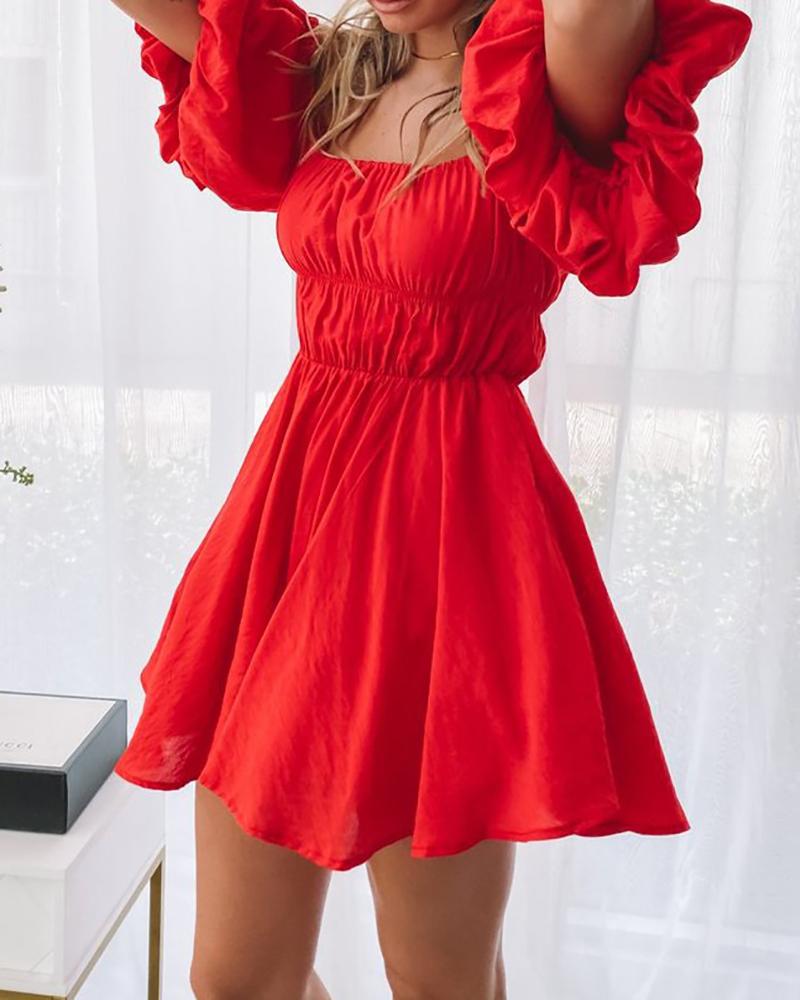 

Solid Color Off Shoulder Lantern Sleeve Mini Dress, Red