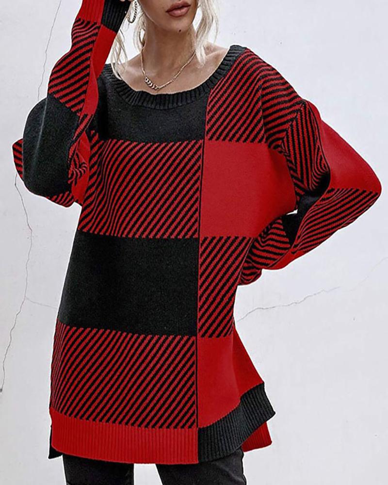 

Striped Colorblock Slit Long Sleeve Sweater, Red